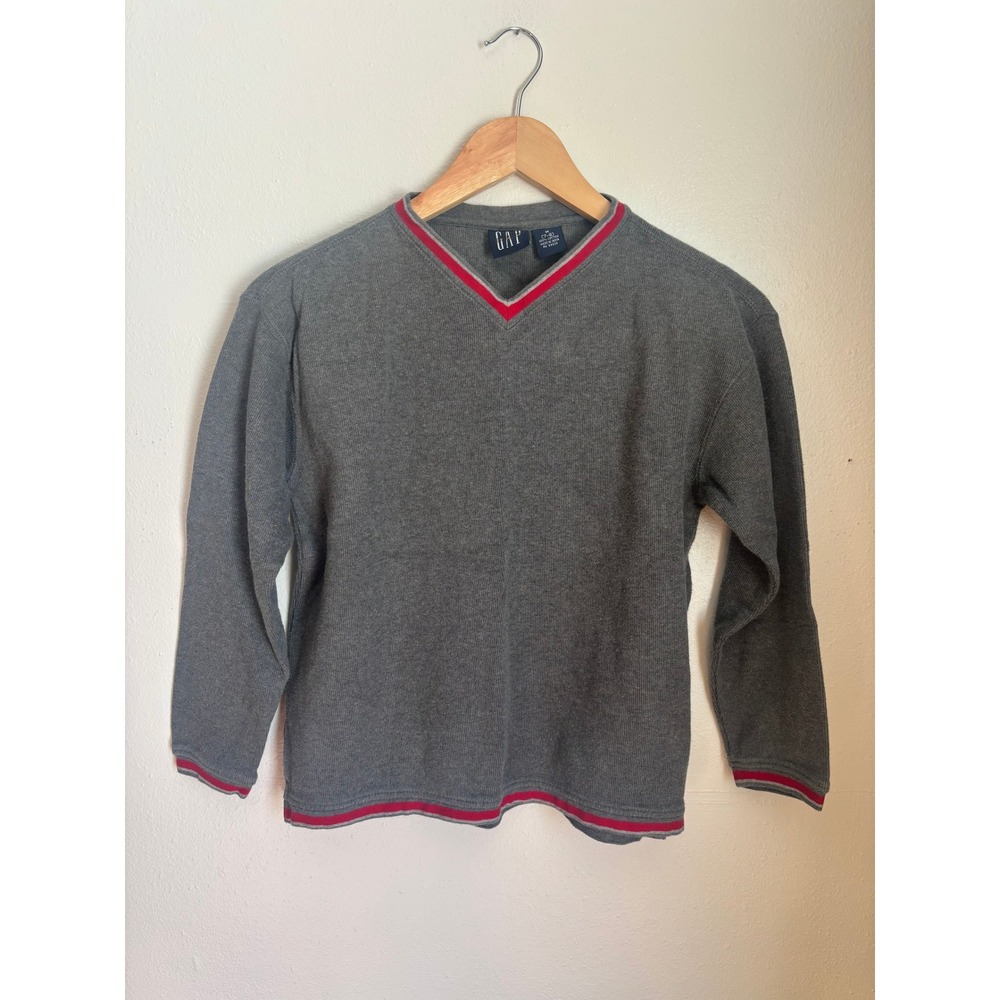 VTG Gap Kids Grey Cotton V-Neck Sweater Red Trim Size M 7-8 Ribbed Knit Pullover